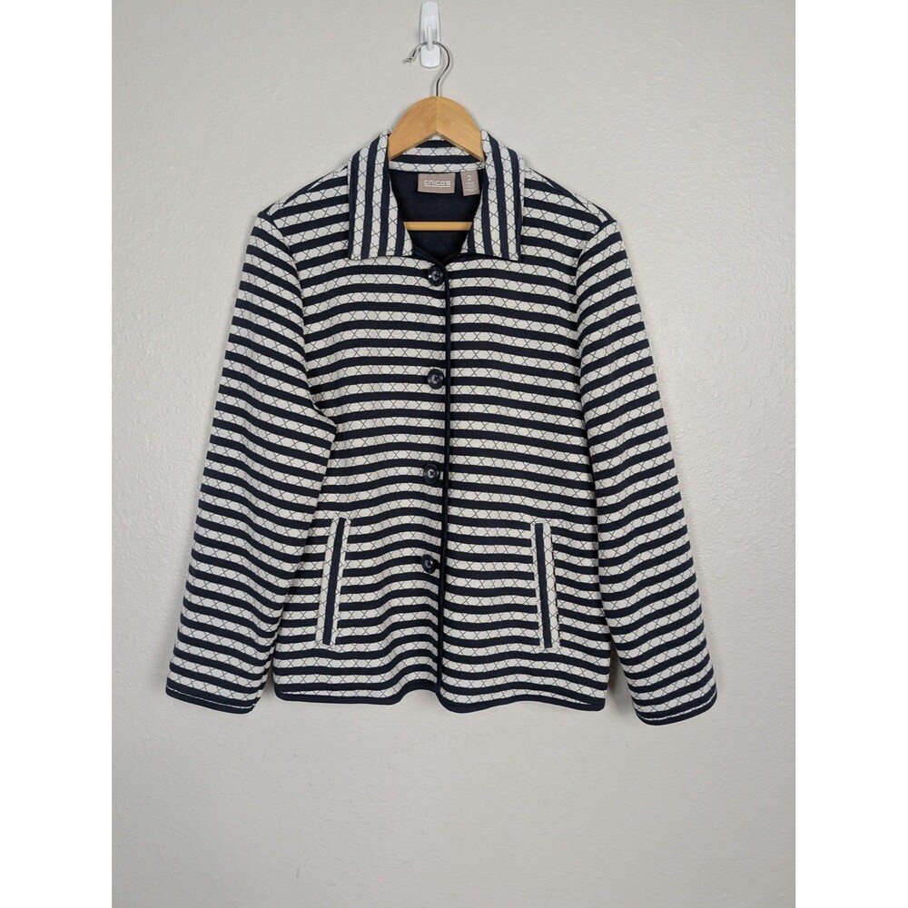 Chico's Jacket Womens Large 2 Blue White Striped Quilted Knit Button Front Piped
